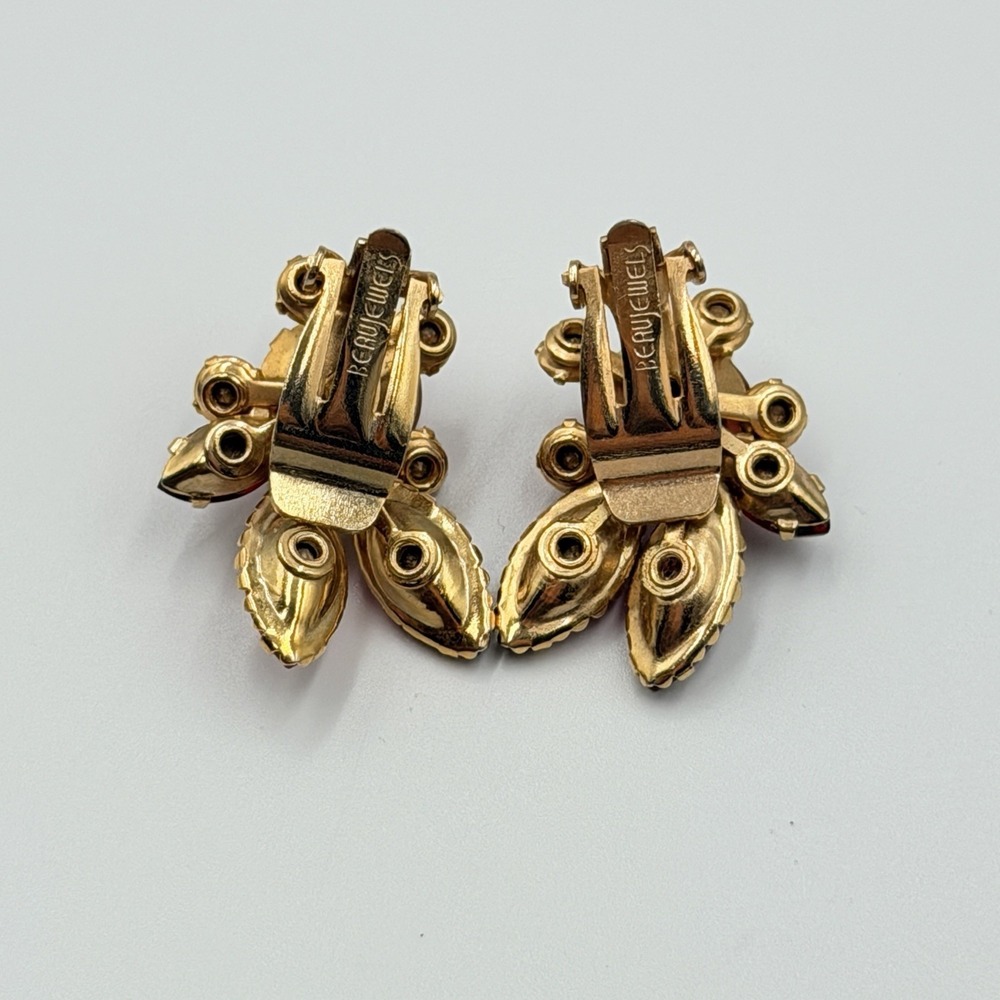 Vintage Beau Jewels Pink Red Rhinestone Clip On Earrings‎ Statement Bold - Picture 2 of 3